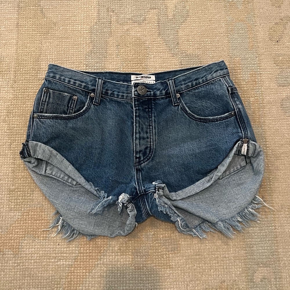 One Teaspoon Dark Blue Frayed Jean Shorts